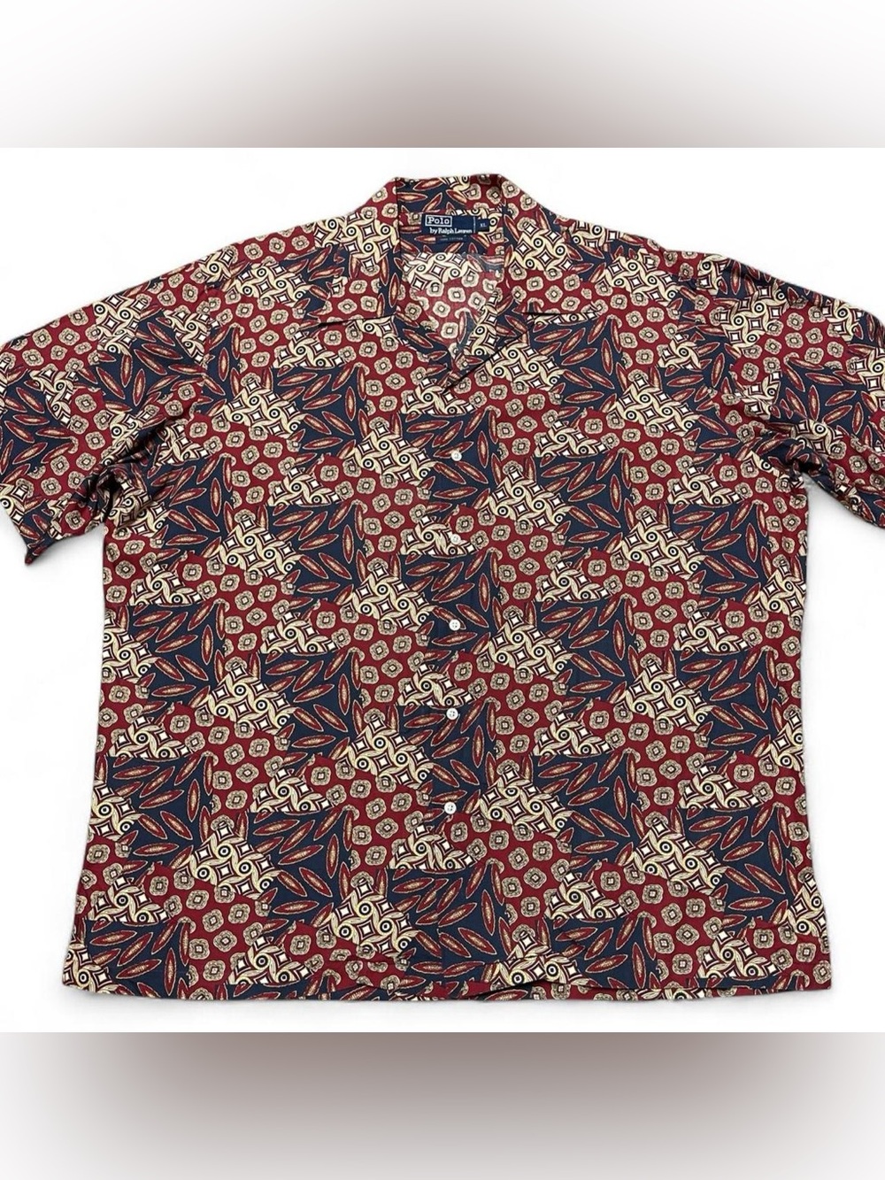 Polo Ralph‎ Lauren Vintage Camp Shirt Mens XL Loop Collar Paisley Geometric AOP